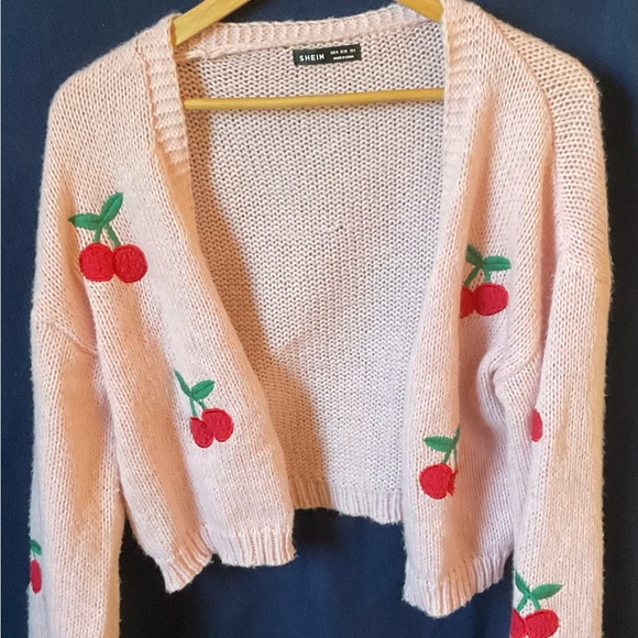 SHEIN Pink Cherry Embroidered Cardigan - Picture 3 of 7